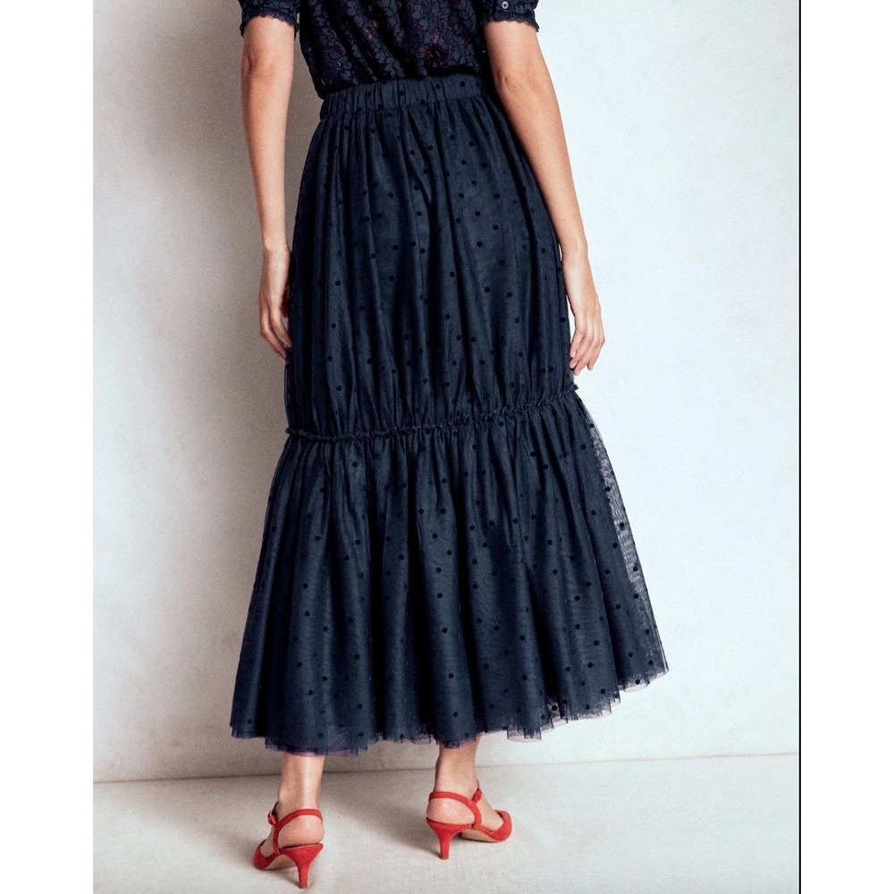 NWT Boden Anna Tulle Midi Skirt Navy Blue Flocked Spot Size 14 Tiered Peasant - Picture 2 of 7